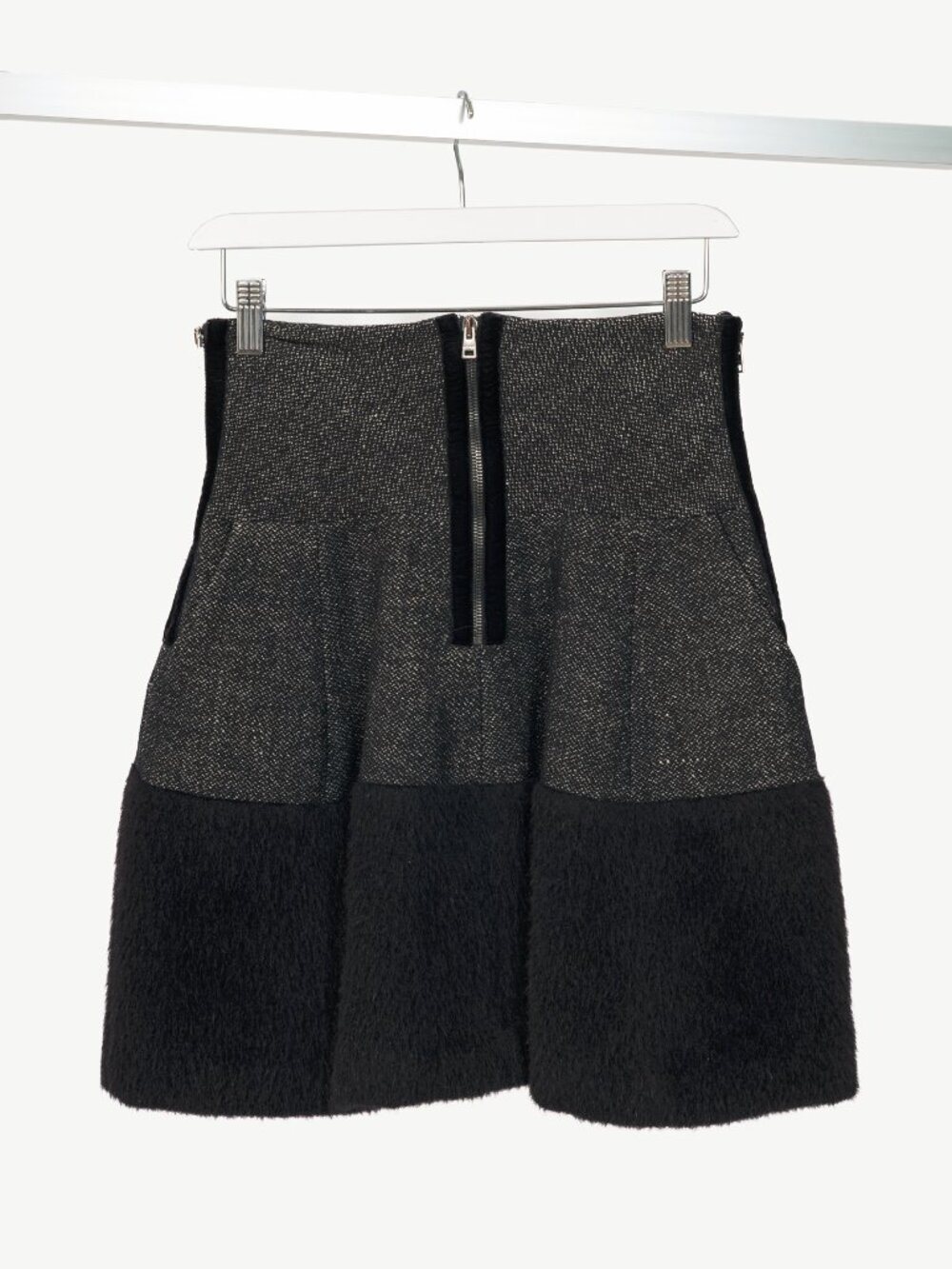 Etro Black Tweed Fur-Hem Flared Mini Skirt